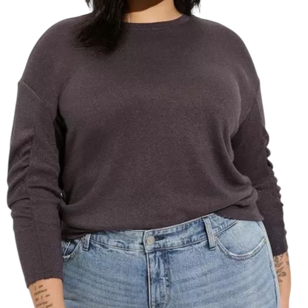 torrid Black with Metallic Sparkle Knit Drop Shoulder Shirred Sleeve Sweatshirt